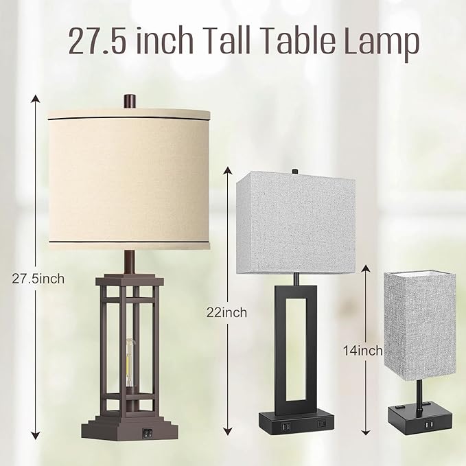 27.5 Tall Farmhouse Table Lamps with USB C + USB A Charge Ports, Rustic Living Room Lamps Set of 2, Black Industrial End Table Lamp for Bedroom Living Room Nightstand - LeafyLoom