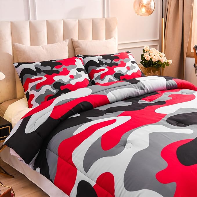 Meeting Story Camouflage Bedding Set, Colorful Pattern Style Comforter Set, 3 PCS One Comforter and Two Pillowcases in One Bag, All Season Bedspread for Boys Teens Adults (Black, Full) - LeafyLoom