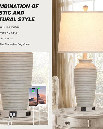 25" Farmhouse Jar Table Lamps Set of 2, 3 Way Touch Control Rustic Bedside Lamps with USB A+C Ports & AC Outlet, Pot Nightstand Lamps for Bedroom Living Room (LED Bulbs Included) - LeafyLoom
