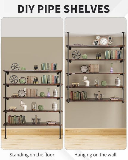 MUZIK Industrial Wall Mount Iron Pipe Shelf, DIY Open Farmhouse Bookshelf, Kitchen/Bathroom Floating Shelves, Pipe Shelves for Bedroom & Living Room (2 Pcs 5 Tier Hardware Only) - LeafyLoom