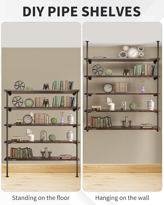 MUZIK Industrial Wall Mount Iron Pipe Shelf, DIY Open Farmhouse Bookshelf, Kitchen/Bathroom Floating Shelves, Pipe Shelves for Bedroom & Living Room (2 Pcs 5 Tier Hardware Only) - LeafyLoom