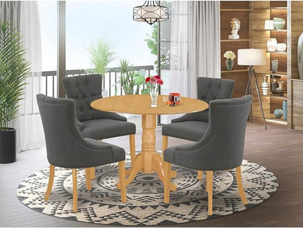 East West Furniture Dublin 5 Piece Set Includes a Round Dining Room Table with Dropleaf and 4 Dark Gotham Linen Fabric Upholstered Parson Chairs, 42x42 Inch, DLFR5-OAK-20 - LeafyLoom