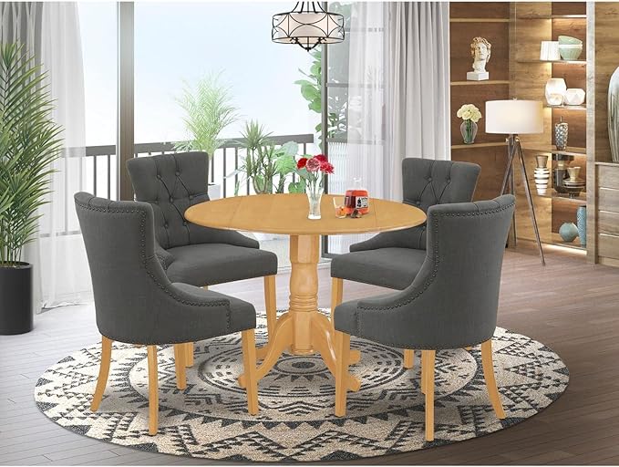 East West Furniture Dublin 5 Piece Set Includes a Round Dining Room Table with Dropleaf and 4 Dark Gotham Linen Fabric Upholstered Parson Chairs, 42x42 Inch, DLFR5-OAK-20 - LeafyLoom
