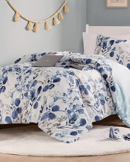 Codi Floral Twin Comforter Set for Teen Girls, Spring Lavender Bedding Sets with Soft Seersucker 2pcs - 1 Flower Comforters and 1 Pillows Case, Blue - LeafyLoom