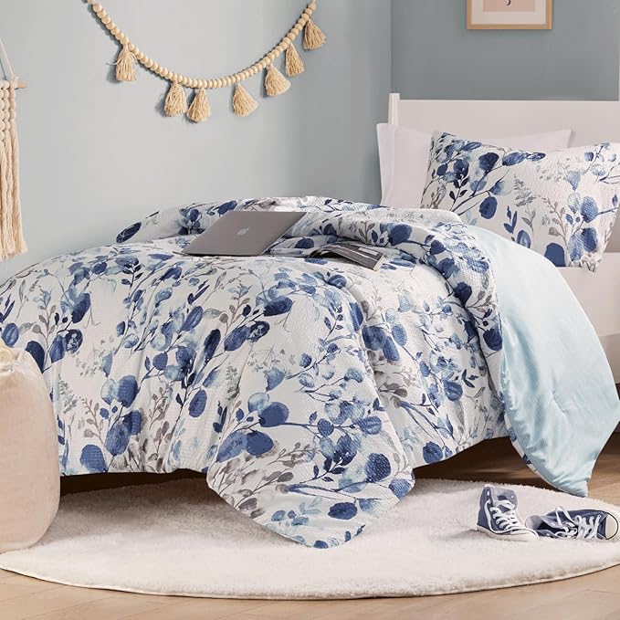 Codi Floral Twin Comforter Set for Teen Girls, Spring Lavender Bedding Sets with Soft Seersucker 2pcs - 1 Flower Comforters and 1 Pillows Case, Blue - LeafyLoom