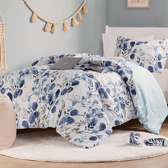 Codi Floral Twin Comforter Set for Teen Girls, Spring Lavender Bedding Sets with Soft Seersucker 2pcs - 1 Flower Comforters and 1 Pillows Case, Blue - LeafyLoom