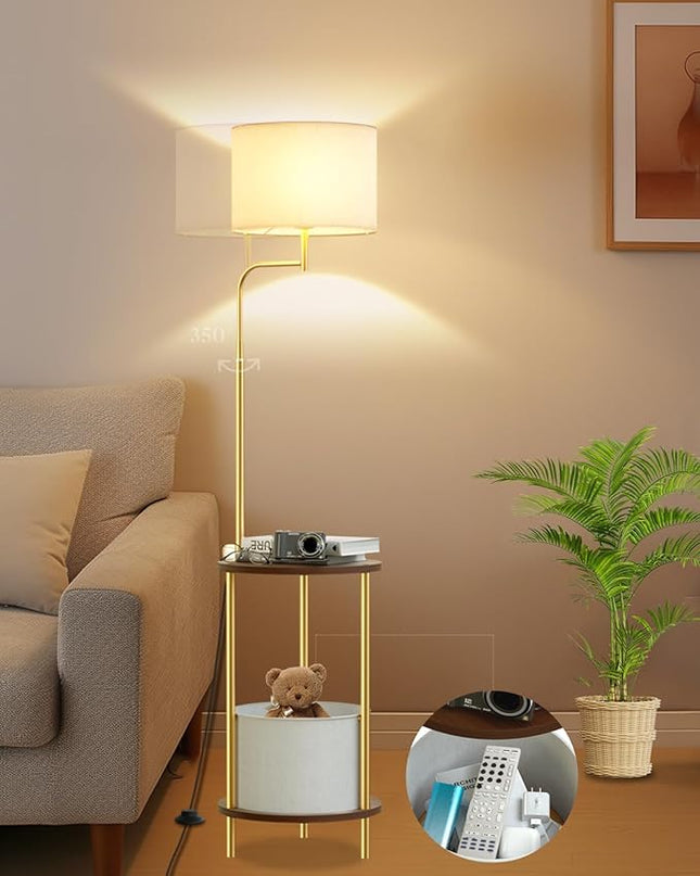 Lightdot 57IN Floor Lamp with Shelves, Mid Century Modern Standing Lamps with Bulb and Storage Bag Included, Gold Pole End Table with Lamp Attached for Living Room Bedroom - LeafyLoom
