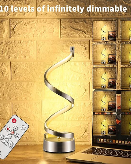 ELINKUME Spiral LED Table Lamp with Remote Control, Three Color Dimmable Bedside Lamp with Timer, 2 Lighting Modes, Modern Minimalist Design Desk Lamp,Suitable for Living Room,Bedroom and Desk(Silver) - LeafyLoom