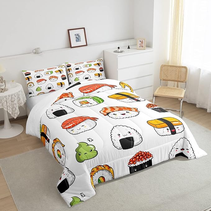 Sushi Pattern Comforter Set Japanese-Style Bedding Set for Kids Boys Girls Teens Food Theme Comforter Cute Cartoon Japanese Sushi Duvet Set Room Decor Quilt Set Twin Size Microfiber - LeafyLoom