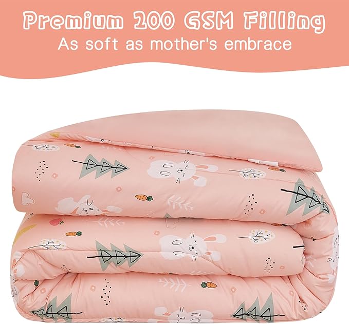 Pink Bunny Kids Comforter Set for Girls Twin, Cute Reversible Quilted Printed Woodland Bedding Set with Pillow Sham, Lightweight Soft Breathable Machine Washable Bed Set 2 Piece - LeafyLoom