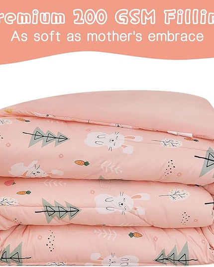 Pink Bunny Kids Comforter Set for Girls Full Size, Cute Reversible Quilted Printed Woodland Bedding Set with Pillow Sham, Lightweight Soft Breathable Machine Washable Bed Set 3 Piece - LeafyLoom
