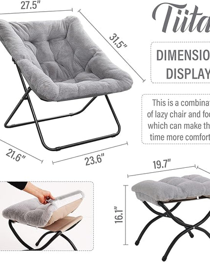 Tiita Saucer Chair with Ottoman, Soft Faux Fur Oversized Folding Accent Chair,Lounge Lazy Chair, Metal Frame Moon Chair for Bedroom, Living Room, Dorm Rooms, Garden and Courtyard - LeafyLoom