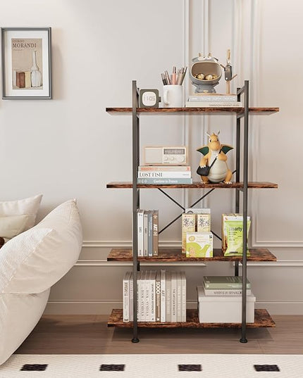 4 Tiers Bookshelf Rustic Brown Wooden Storage Shelf, Industrial shelf Book Organizer,Modern Open Display Storage Bookcase,Metal Bookshelf Standing Tall Shelving Units for Home Office Study. - LeafyLoom