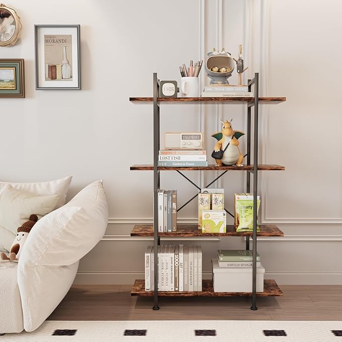 4 Tiers Bookshelf Rustic Brown Wooden Storage Shelf, Industrial shelf Book Organizer,Modern Open Display Storage Bookcase,Metal Bookshelf Standing Tall Shelving Units for Home Office Study. - LeafyLoom