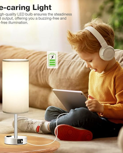 Grey Nightstand Table Lamp for Bedroom - 3 Way Dimmable Bedside Lamp USB C A Charging Ports and AC Outlet, Small Table Lamp Silver Base for Living Room, Office Desk, LED Bulb Included - LeafyLoom