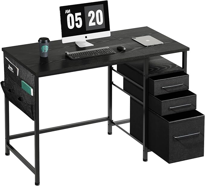 Ｍａｉｈａｉｌ Maihail Small Desk with Drawers, 40 inch Computer Desk with Shelves, Writing Desk with Storage, Small Office Desk with Metal Frame, Black - LeafyLoom
