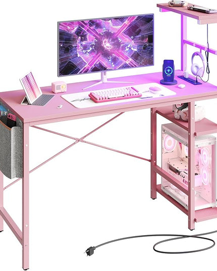 Bestier Pink Gaming Desk with Power Outlets, 44 Inch Led Gamer Desk with 4 Tiers Reversible Shelves, Pink Computer Desk with Headset Hook & Side Storage Bag for Bedroom (Pink 3D Carbon Fiber) - LeafyLoom
