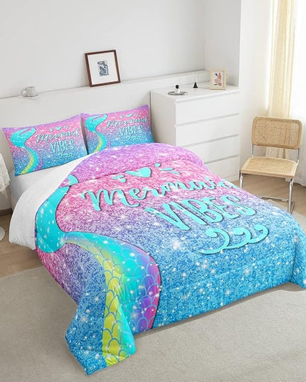Girls Mermaid Tail Comforter Set Full Kawaii Coastal Fish Scales Bedding Set Glitter Star Galaxy Comforter Blue Pink Pastel Ombre Set Princess Bed Set Ocean Animal Quilt Duvet 2 Pillowcases Teal - LeafyLoom