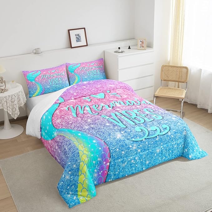Girls Mermaid Tail Comforter Set Full Kawaii Coastal Fish Scales Bedding Set Glitter Star Galaxy Comforter Blue Pink Pastel Ombre Set Princess Bed Set Ocean Animal Quilt Duvet 2 Pillowcases Teal - LeafyLoom