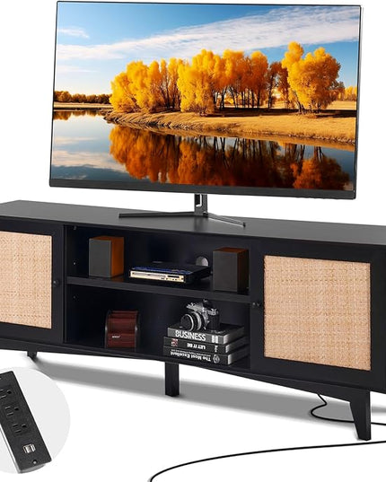 VEVOR Rattan TV Stand for 75in TV, Boho TV Stand with Rattan Door, Entertainment Center with Build-in Socket, Storage Cabinet with 2 Shelves, Modern TV Console for Living Room, Media Room, Black - LeafyLoom