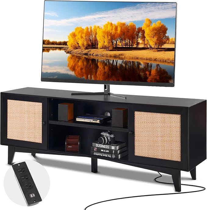 VEVOR Rattan TV Stand for 75in TV, Boho TV Stand with Rattan Door, Entertainment Center with Build-in Socket, Storage Cabinet with 2 Shelves, Modern TV Console for Living Room, Media Room, Black - LeafyLoom