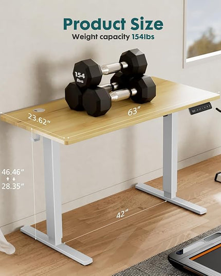 SMUG Standing Desk, Adjustable Height Electric Sit Stand Up Down Computer Table, 63x24 Inch Ergonomic Rising Desks for Work Office Home, Modern Lift Motorized Gaming Desktop Workstation, Natural - LeafyLoom