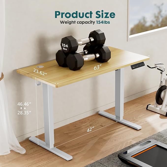 SMUG Standing Desk, Adjustable Height Electric Sit Stand Up Down Computer Table, 63x24 Inch Ergonomic Rising Desks for Work Office Home, Modern Lift Motorized Gaming Desktop Workstation, Natural - LeafyLoom