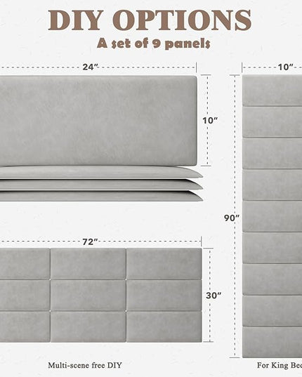Queen Headboard, Wall Mounted Peel and Stick Headboard, Upholstered Leather Bed Headboard for Queen Size Bed, Floating Dorm Bedroom Tall Headboard Soundproof Wall Panels (9 Panels, 10"x24") - LeafyLoom