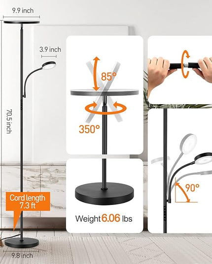 OUTON LED Floor Lamp, 27W/2400LM Modern Torchiere Lamp & 7W/ 400LM Reading Lamp, Bright Dimmable Standing Tall Lamp with 4 Color Temperature, Remote Touch Control for Living Room Bedroom Office, Black - LeafyLoom