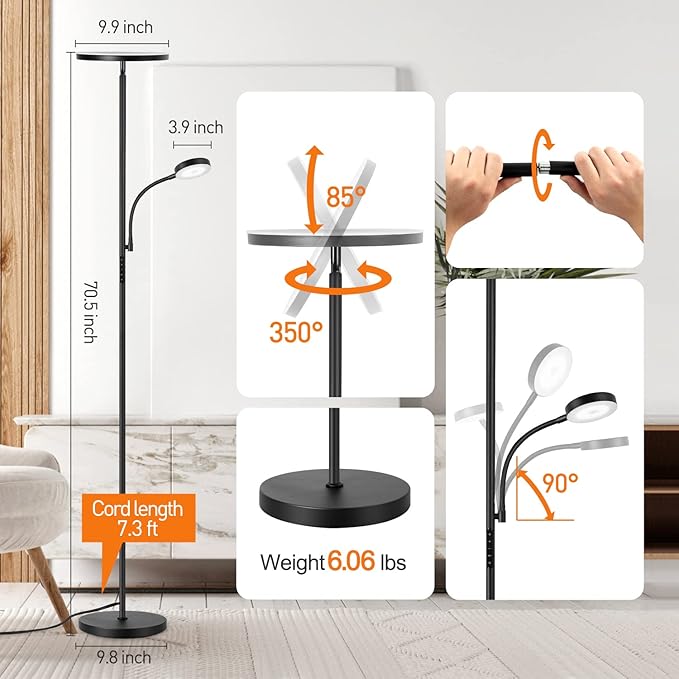 OUTON LED Floor Lamp, 27W/2400LM Modern Torchiere Lamp & 7W/ 400LM Reading Lamp, Bright Dimmable Standing Tall Lamp with 4 Color Temperature, Remote Touch Control for Living Room Bedroom Office, Black - LeafyLoom