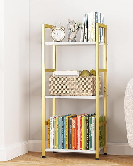 Bookshelf Storage Shelf Bookcase, 3 Tier Industrial Bookcase,Small Book case for Living Room, Bedroom, and Home Office, Easy Assembly Free Combination Multi-Functional Organizer(3 Tier,Gold) - LeafyLoom
