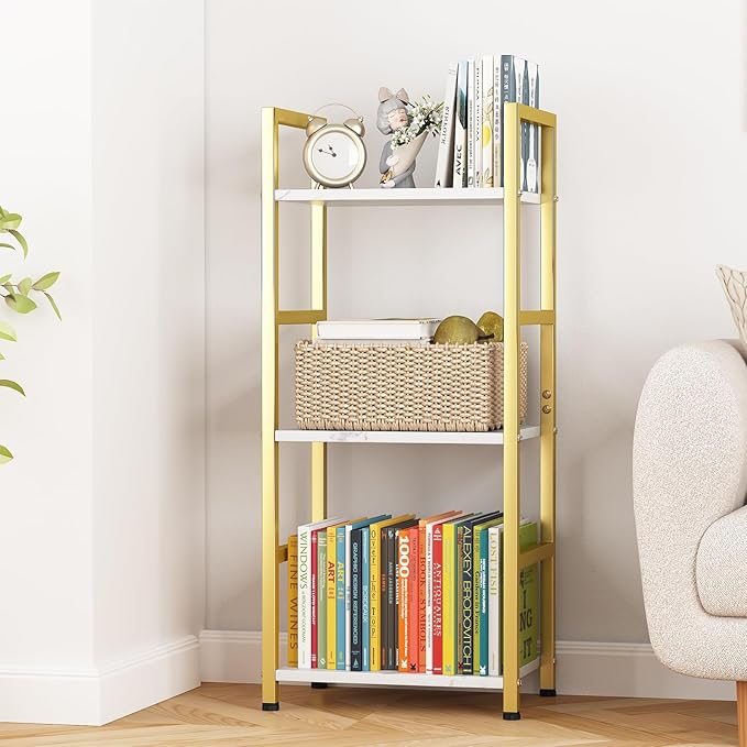 Bookshelf Storage Shelf Bookcase, 3 Tier Industrial Bookcase,Small Book case for Living Room, Bedroom, and Home Office, Easy Assembly Free Combination Multi-Functional Organizer(3 Tier,Gold) - LeafyLoom