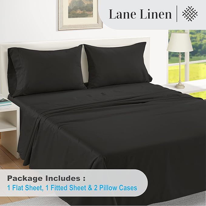 LANE LINEN 100% Egyptian Cotton Bed Sheets - 1000 Thread Count 4-Piece Full Sheets Set, Long Staple Cotton Bedding Sheets, Sateen Weave, Luxury Hotel Sheets, 16" Deep Pocket - Black - LeafyLoom