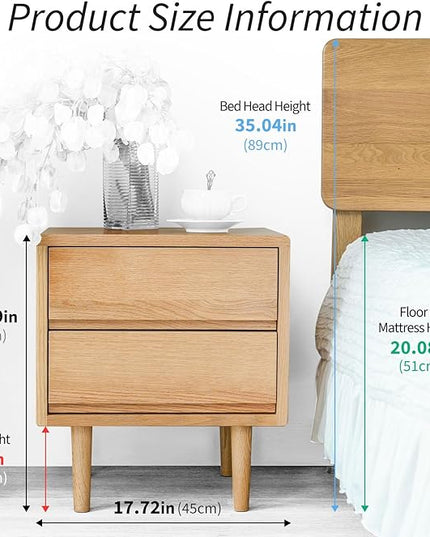 Night Stand, Mid Century Modern Nightstand w/2 Drawers, Boho Nightstand, Small Nightstand, Oak Bedroom Nightstand, Solid Wood Bedside Table, 17.72 W x 15.75 D x 19.69 H Inches(Natural) - LeafyLoom