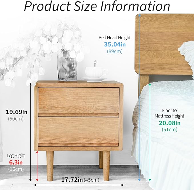 Night Stand, Mid Century Modern Nightstand w/2 Drawers, Boho Nightstand, Small Nightstand, Oak Bedroom Nightstand, Solid Wood Bedside Table, 17.72 W x 15.75 D x 19.69 H Inches(Natural) - LeafyLoom