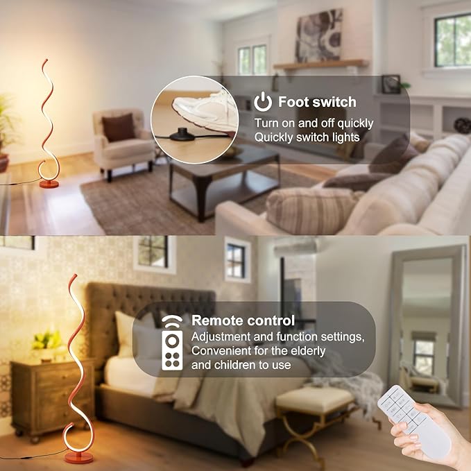 LED Floor Lamps for Living Room - Orange Spiral Modern Floor Lamp with Remote 3 Color Dimmable Standing Lamp Bright Tall Corner Lamp for Bedroom 53 in - LeafyLoom
