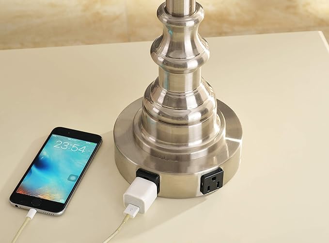 Kenroy Home 30437BS-OOR Spyglass Double Outlet Table Lamp with Brushed Steel Finish, Classic Style, 30.5" Height, 17" Width, 17" Depth - LeafyLoom