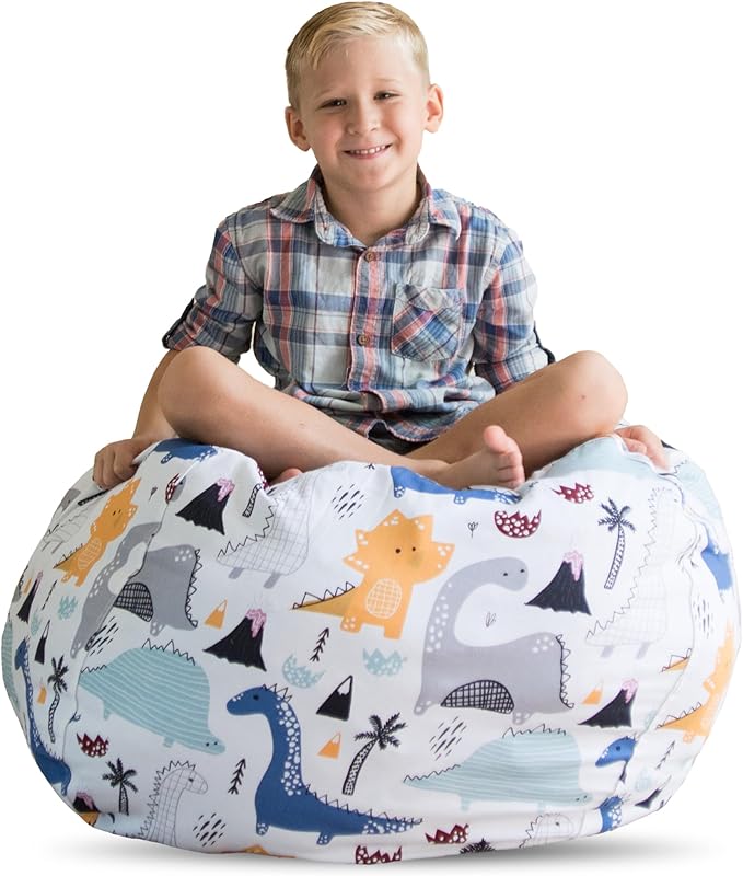 Creative QT Stuff ’n Sit Extra Large 38’’ Bean Bag Storage Cover for Stuffed Animals & Toys, Giant Beanbag Chair for Plush, Toddler & Kids Rooms Bedroom Organizer, Dinosaur - LeafyLoom