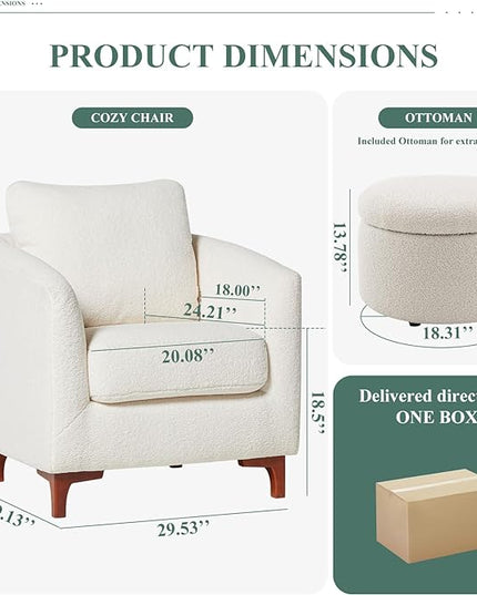 COLAMY Sherpa Accent Chair with Storage Ottoman Set, Upholstered Barrel Arm Chair with Footrest, Modern Living Room Chair with Back Pillow, Cream - LeafyLoom
