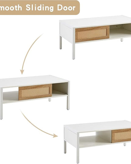 Rattan Coffee Table 40 Inch Mid Century Modern Coffee Table with Storage, Industrial Metal Rectangle Wood Center Table with Rattan Sliding Door for Living Room, White - LeafyLoom