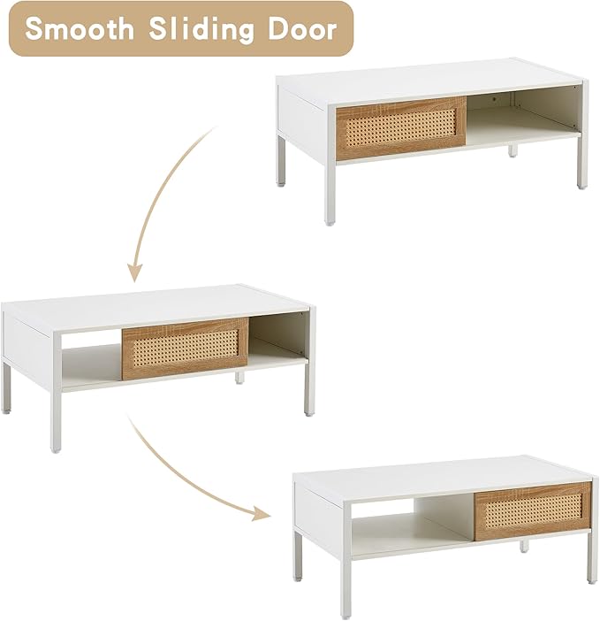 Rattan Coffee Table 40 Inch Mid Century Modern Coffee Table with Storage, Industrial Metal Rectangle Wood Center Table with Rattan Sliding Door for Living Room, White - LeafyLoom