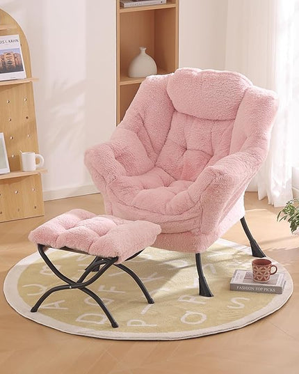 Lazy Chair with Ottoman, Modern Chair with Folding Footrest, Lounge Accent Chair, Comfortable Reading Chair, Oversized Armchairs for Bedroom, Study, Living Room(Plush Pink) - LeafyLoom