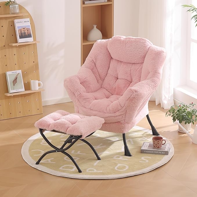 Lazy Chair with Ottoman, Modern Chair with Folding Footrest, Lounge Accent Chair, Comfortable Reading Chair, Oversized Armchairs for Bedroom, Study, Living Room(Plush Pink) - LeafyLoom