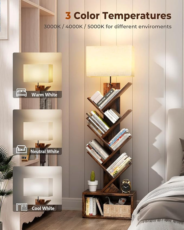 6 Tier Tree Bookshelf with Light, Small Bookcase Tower for Books/CDs/Movies, Sturdy Tall Floor Standing Book Organizer with Storage Cabinet for Living Room, Bedroom and Home Office - LeafyLoom