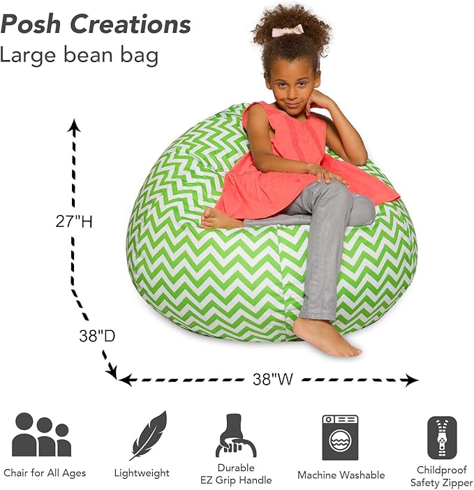 Posh Beanbags Bean Bag Chair, Large-38in, Pattern Chevron Green and White - LeafyLoom