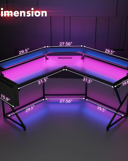 Wonder Comfort L Shaped 51 Inch Computer Desk with LED Lights，Corner Gaming Table Cup Holder Power Outlets/Monitor Stand for Home Office, Black - LeafyLoom