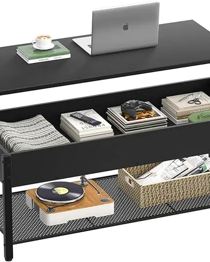 Homieasy Coffee Table, Lift Top Coffee Table with Storage Shelf and Hidden Compartment, Modern Lift Top Table for Living Room, Wood Lift Tabletop, Metal Frame - Black - LeafyLoom