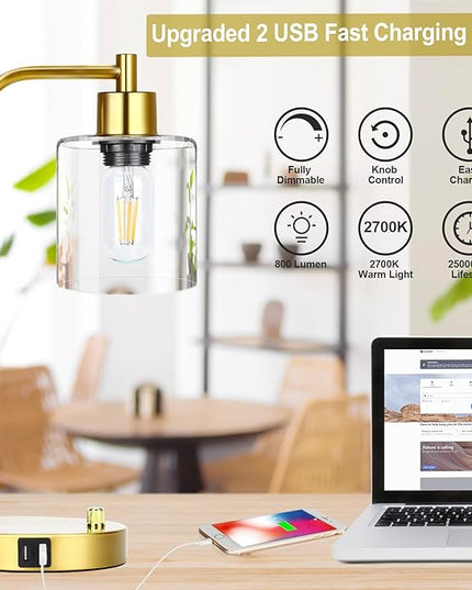 Gold Industrial Table Lamp with 2 USB Charging Ports, Fully Stepless Dimmable Modern Nightstand Lamp, Glass Shade Bedside Desk Lamp for Bedroom Living Room Office, 6W 2700K LED Edison Bulb Included - LeafyLoom