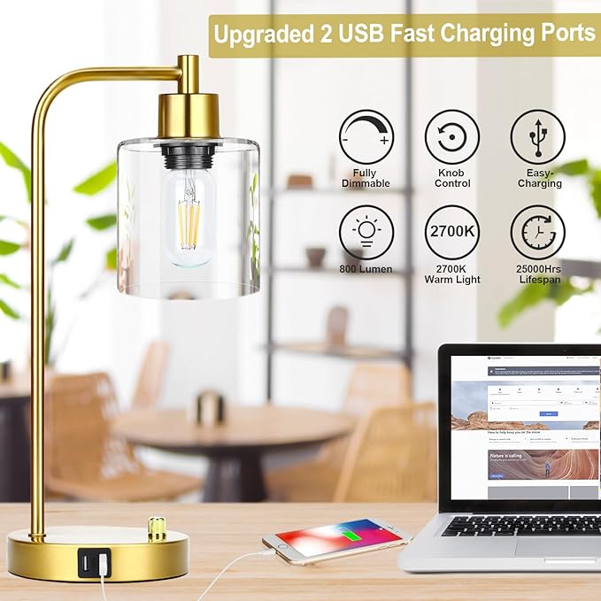 Gold Industrial Table Lamp with 2 USB Charging Ports, Fully Stepless Dimmable Modern Nightstand Lamp, Glass Shade Bedside Desk Lamp for Bedroom Living Room Office, 6W 2700K LED Edison Bulb Included - LeafyLoom