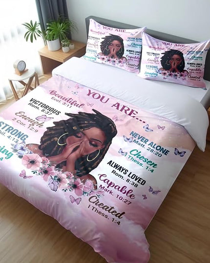 Kids Comforter Sets Queen Size, Prayer Girl and African American Girl Inspirational Quotes with Floral Butterfly, Teens Bedding Sets for Girls Women (Queen, Pink White) - LeafyLoom